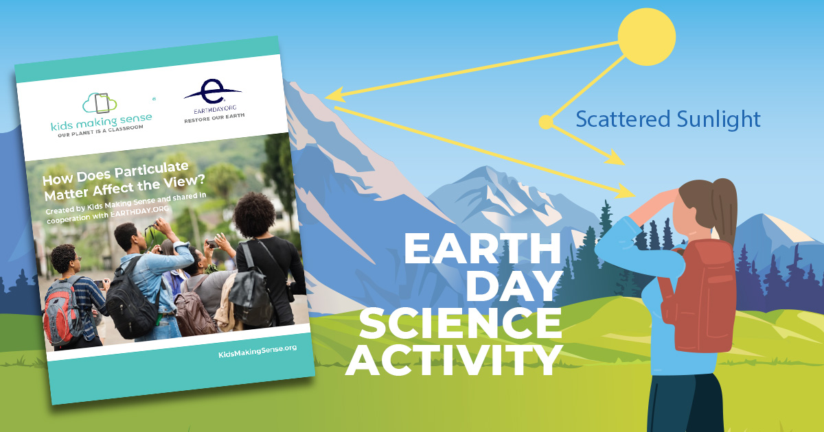 Image of Earth Day science activity cover and graphic showing scattered sunlight causing haze