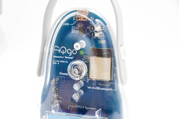 Close-up photo of an AG-go Air quality sensor showing the clear case.