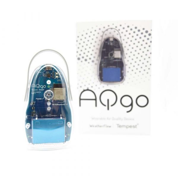 Photo of an AQ-go sensor next to AQ-go sensor packaging.